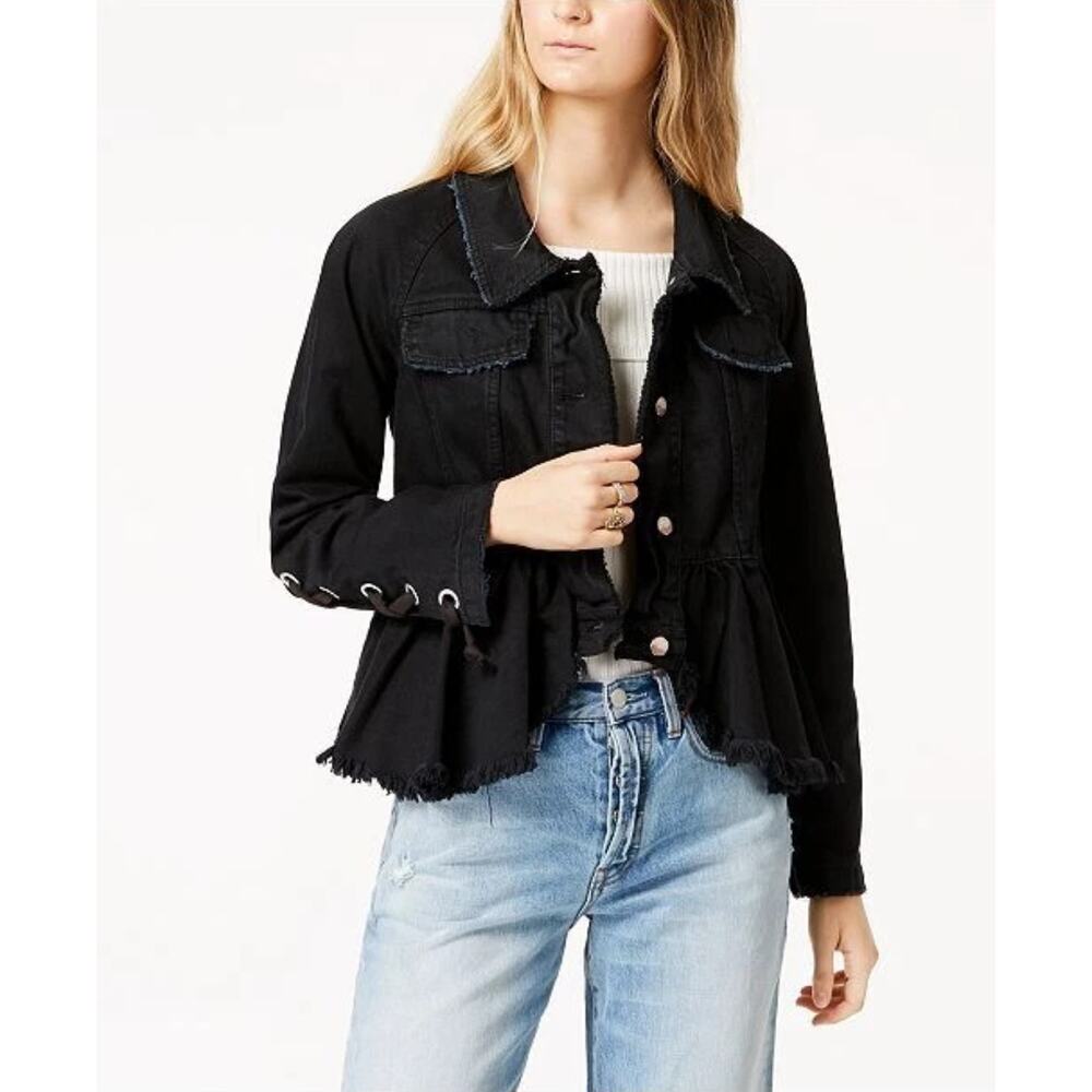 Free People Black Denim Peplum Jacket Sz S Lace-Up Sleeve Boho Grunge y2K